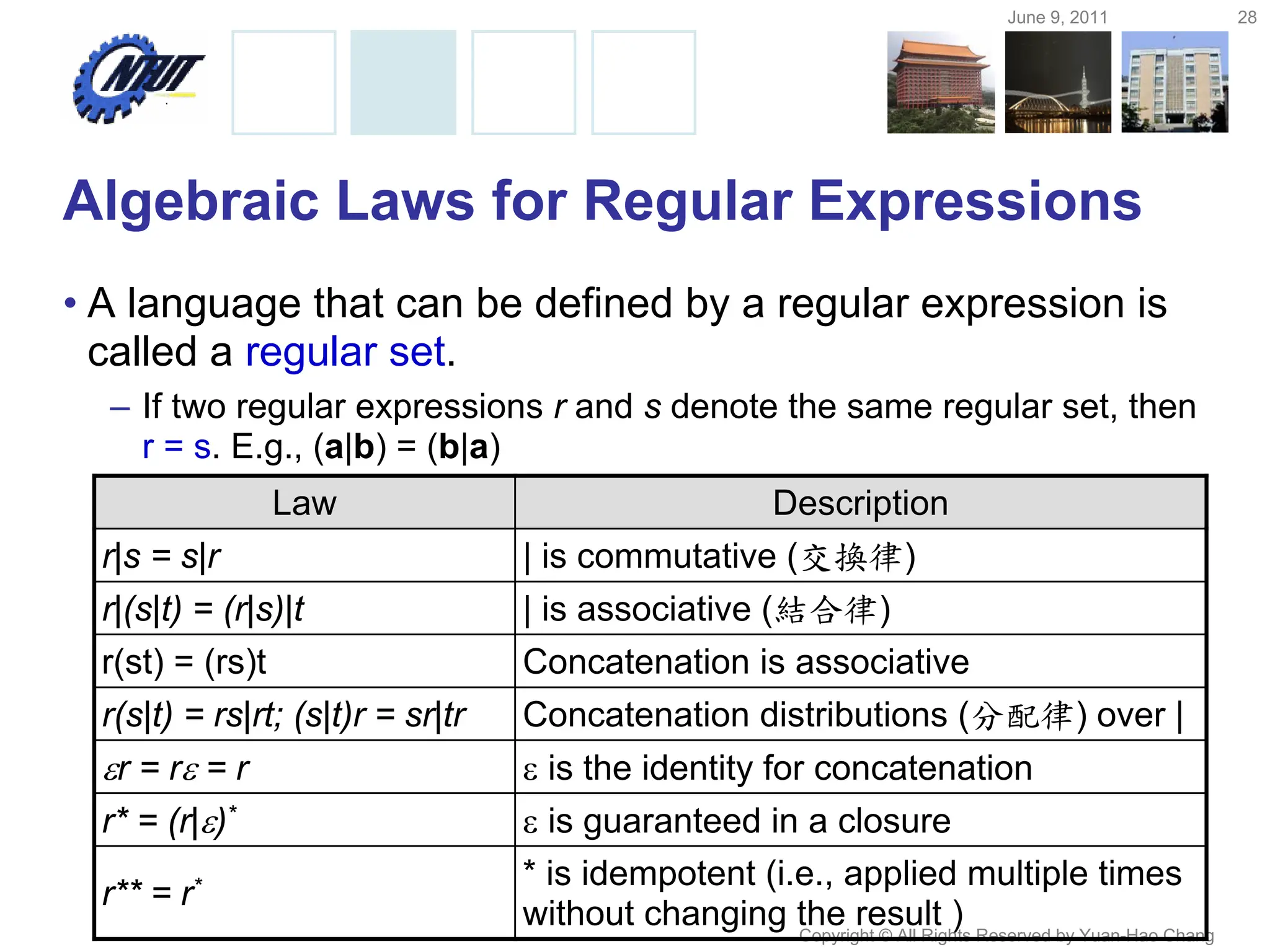 June 9, 2011 28
Copyright © All Rights Reserved by Yuan-Hao Chang
Algebraic Laws for Regular Expressions
• A language that can be defined by a regular expression is
called a regular set.
– If two regular expressions r and s denote the same regular set, then
r = s. E.g., (a|b) = (b|a)
Law Description
r|s = s|r | is commutative (交換律)
r|(s|t) = (r|s)|t | is associative (結合律)
r(st) = (rs)t Concatenation is associative
r(s|t) = rs|rt; (s|t)r = sr|tr Concatenation distributions (分配律) over |
r = r = r  is the identity for concatenation
r* = (r|)*  is guaranteed in a closure
r** = r* * is idempotent (i.e., applied multiple times
without changing the result )
 