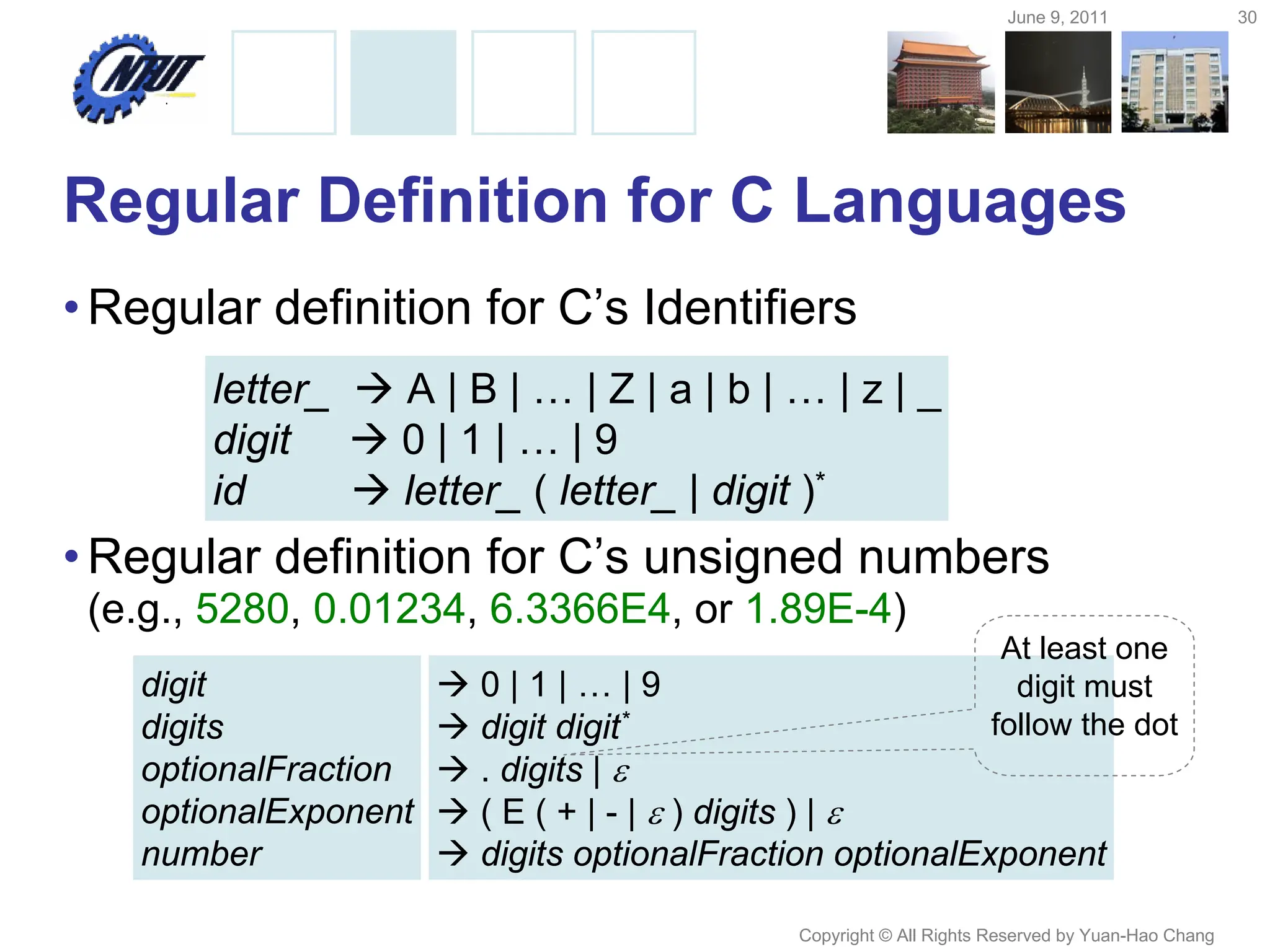 June 9, 2011 30
Copyright © All Rights Reserved by Yuan-Hao Chang
Regular Definition for C Languages
•Regular definition for C’s Identifiers
•Regular definition for C’s unsigned numbers
(e.g., 5280, 0.01234, 6.3366E4, or 1.89E-4)
letter_  A | B | … | Z | a | b | … | z | _
digit  0 | 1 | … | 9
id  letter_ ( letter_ | digit )*
digit
digits
optionalFraction
optionalExponent
number
 0 | 1 | … | 9
 digit digit*
 . digits | 
 ( E ( + | - |  ) digits ) | 
 digits optionalFraction optionalExponent
At least one
digit must
follow the dot
 