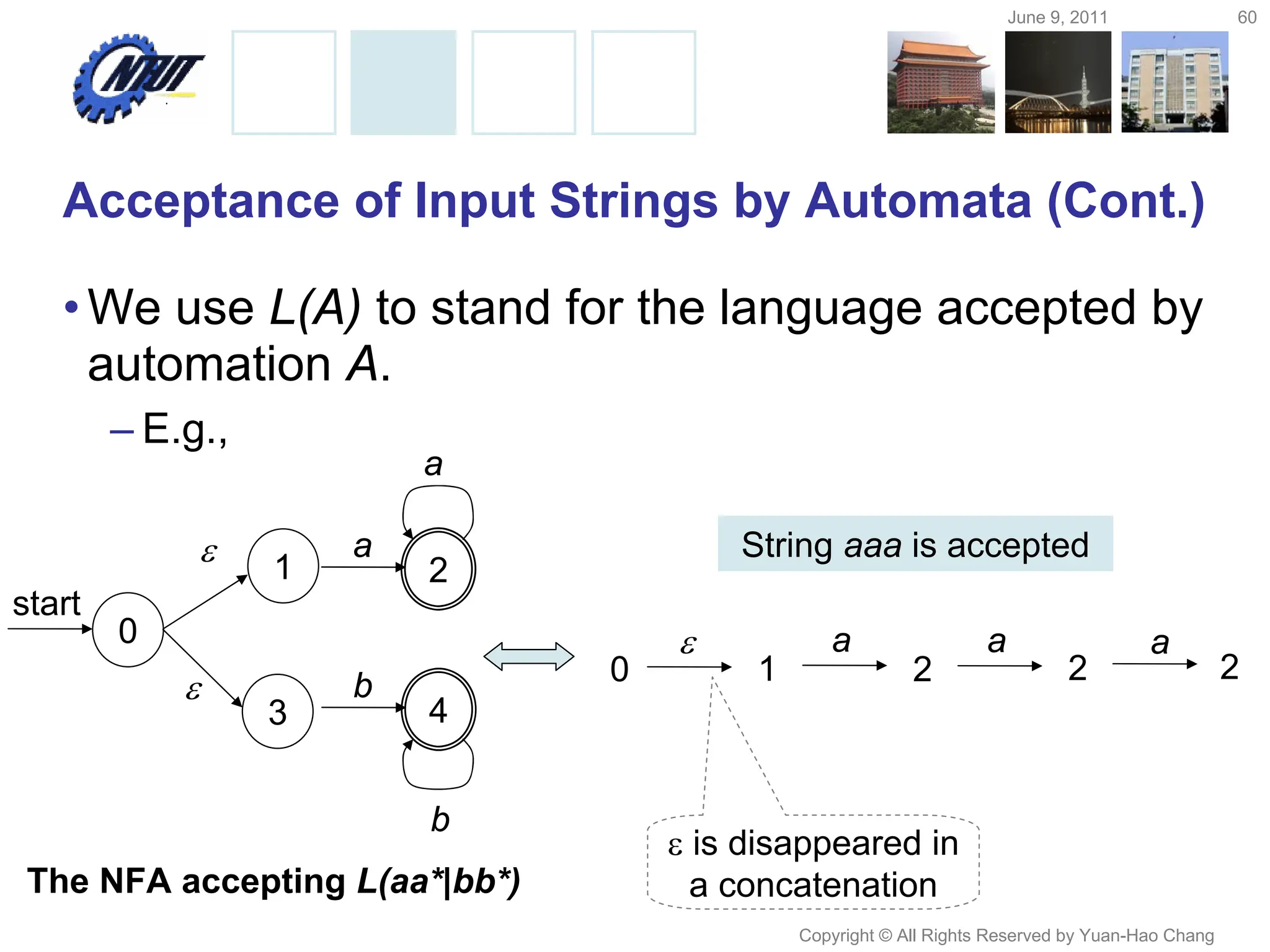 June 9, 2011 60
Copyright © All Rights Reserved by Yuan-Hao Chang
Acceptance of Input Strings by Automata (Cont.)
•We use L(A) to stand for the language accepted by
automation A.
– E.g.,
0
1
start
 a
2
a
3
b
4
b

The NFA accepting L(aa*|bb*)
String aaa is accepted
0 2
 a
2
2
a
1
a
 is disappeared in
a concatenation
 
