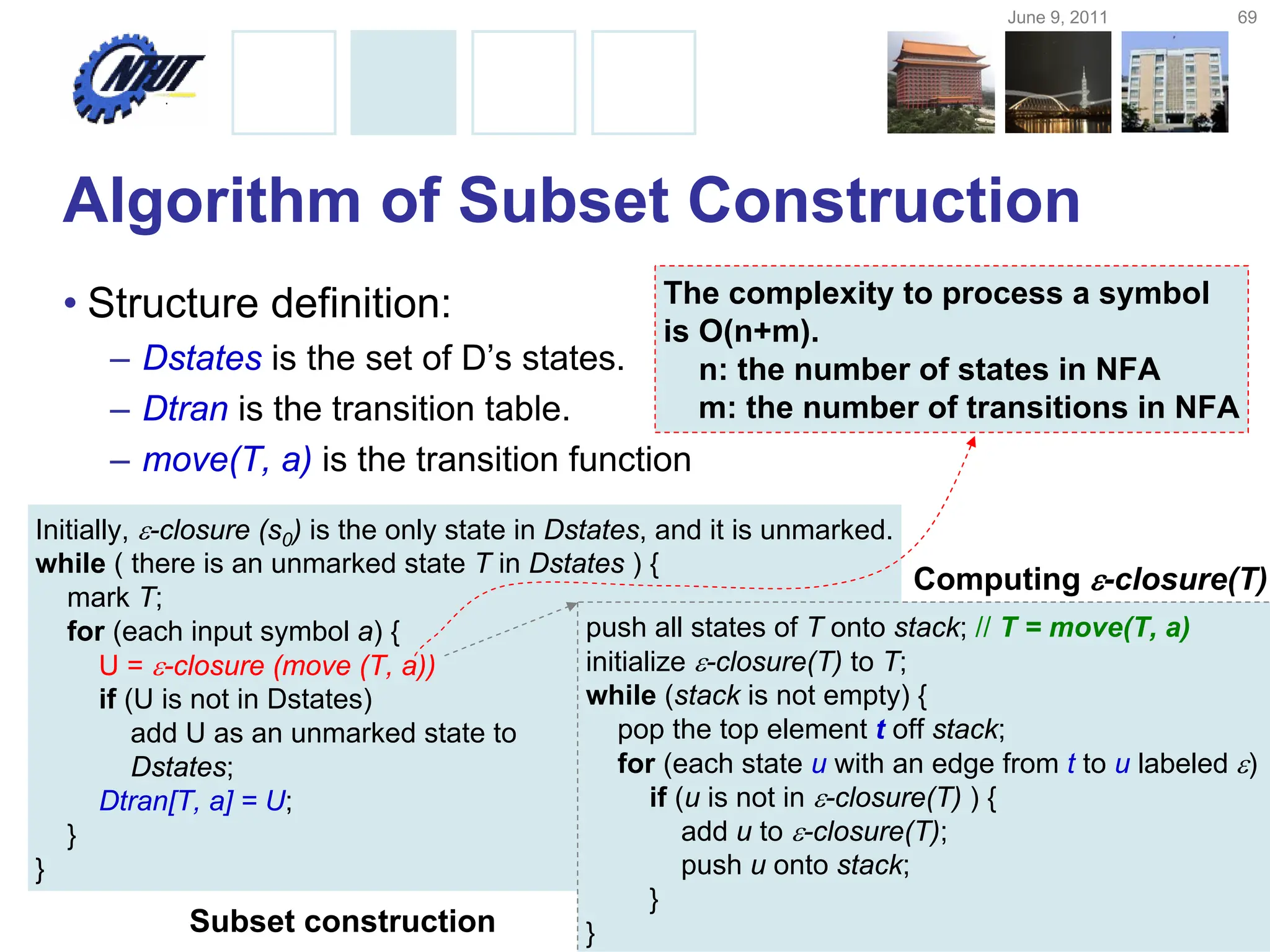 June 9, 2011 69
Copyright © All Rights Reserved by Yuan-Hao Chang
Algorithm of Subset Construction
• Structure definition:
– Dstates is the set of D’s states.
– Dtran is the transition table.
– move(T, a) is the transition function
Initially, -closure (s0) is the only state in Dstates, and it is unmarked.
while ( there is an unmarked state T in Dstates ) {
mark T;
for (each input symbol a) {
U = -closure (move (T, a))
if (U is not in Dstates)
add U as an unmarked state to
Dstates;
Dtran[T, a] = U;
}
}
push all states of T onto stack; // T = move(T, a)
initialize -closure(T) to T;
while (stack is not empty) {
pop the top element t off stack;
for (each state u with an edge from t to u labeled )
if (u is not in -closure(T) ) {
add u to -closure(T);
push u onto stack;
}
}
Subset construction
Computing -closure(T)
The complexity to process a symbol
is O(n+m).
n: the number of states in NFA
m: the number of transitions in NFA
 