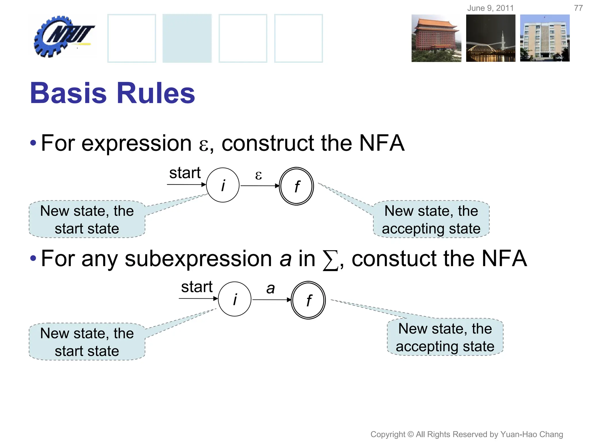 June 9, 2011 77
Copyright © All Rights Reserved by Yuan-Hao Chang
Basis Rules
•For expression , construct the NFA
•For any subexpression a in ∑, constuct the NFA
f

i
start
f
a
i
start
New state, the
start state
New state, the
accepting state
New state, the
start state
New state, the
accepting state
 