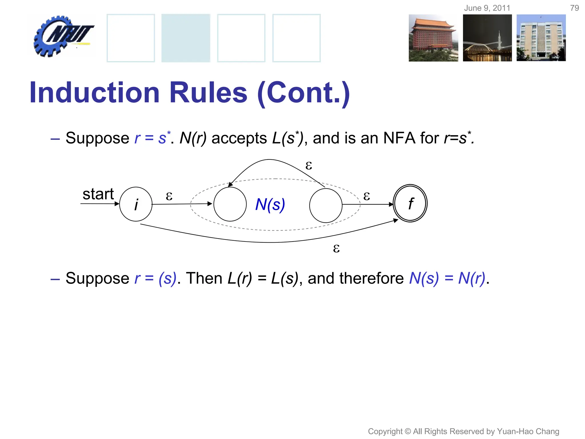 June 9, 2011 79
Copyright © All Rights Reserved by Yuan-Hao Chang
Induction Rules (Cont.)
– Suppose r = s*. N(r) accepts L(s*), and is an NFA for r=s*.
– Suppose r = (s). Then L(r) = L(s), and therefore N(s) = N(r).
N(s)

i
start 
f


 