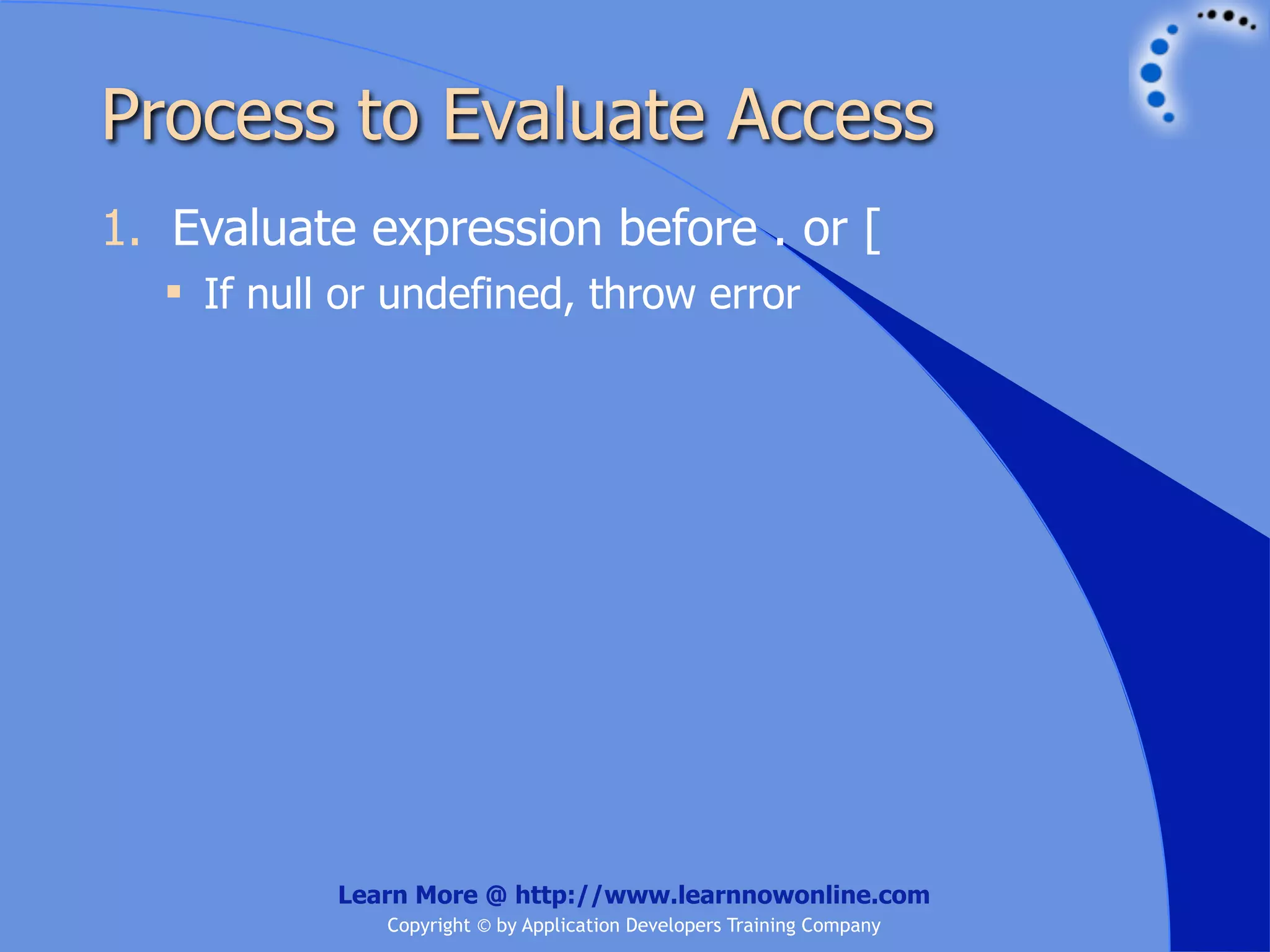 Process to Evaluate Access 1. Evaluate expression before . or [  If null or undefined, throw error Learn More @ http://www.learnnowonline.com Copyright © by Application Developers Training Company 