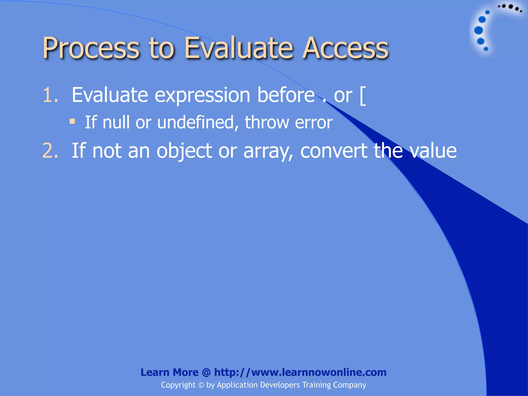 Process to Evaluate Access 1. Evaluate expression before . or [  If null or undefined, throw error 2. If not an object or array, convert the value Learn More @ http://www.learnnowonline.com Copyright © by Application Developers Training Company 