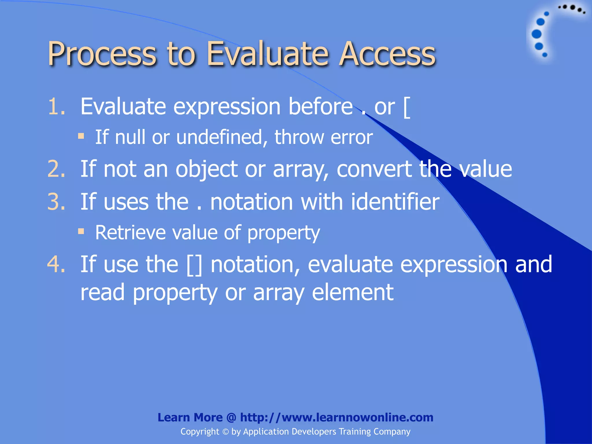 Process to Evaluate Access 1. Evaluate expression before . or [  If null or undefined, throw error 2. If not an object or array, convert the value 3. If uses the . notation with identifier  Retrieve value of property 4. If use the [] notation, evaluate expression and read property or array element Learn More @ http://www.learnnowonline.com Copyright © by Application Developers Training Company 