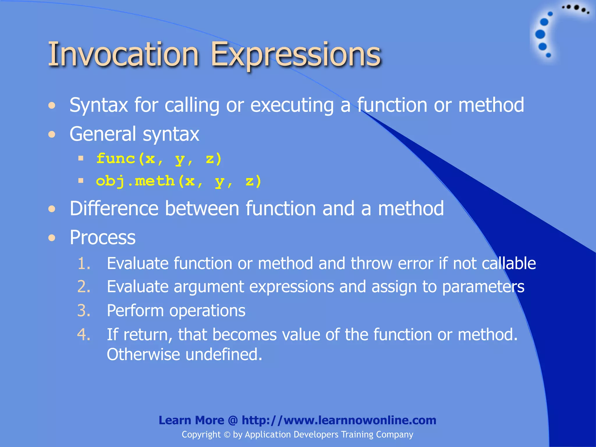 Invocation Expressions • Syntax for calling or executing a function or method • General syntax  func(x, y, z)  obj.meth(x, y, z) • Difference between function and a method • Process 1. Evaluate function or method and throw error if not callable 2. Evaluate argument expressions and assign to parameters 3. Perform operations 4. If return, that becomes value of the function or method. Otherwise undefined. Learn More @ http://www.learnnowonline.com Copyright © by Application Developers Training Company 