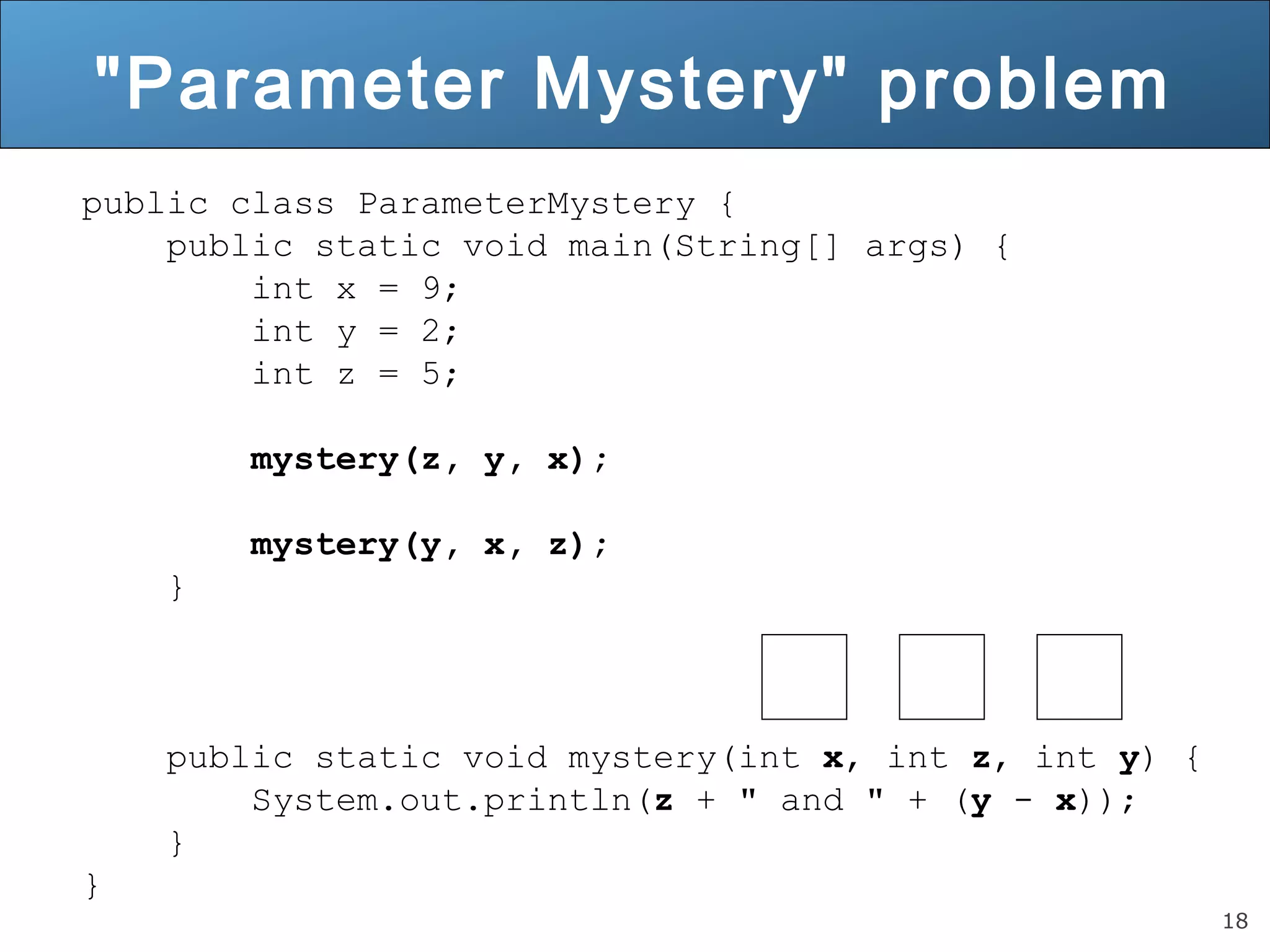 18 
"Parameter Mystery" problem 
public class ParameterMystery { 
public static void main(String[] args) { 
int x = 9; 
int y = 2; 
int z = 5; 
mystery(z, y, x); 
mystery(y, x, z); 
} 
public static void mystery(int x, int z, int y) { 
System.out.println(z + " and " + (y - x)); 
} 
} 
 