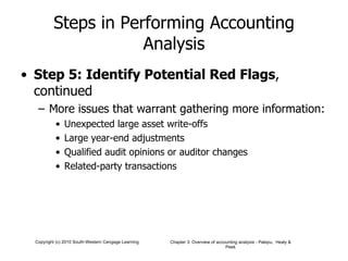 Steps in Performing Accounting Analysis Step 5: Identify Potential Red Flags , continued More issues that warrant gathering more information: Unexpected large asset write-offs Large year-end adjustments Qualified audit opinions or auditor changes Related-party transactions 