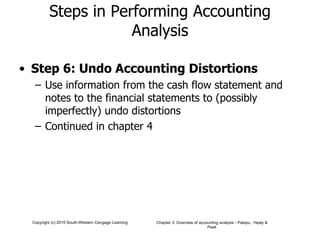 Steps in Performing Accounting Analysis Step 6: Undo Accounting Distortions Use information from the cash flow statement and notes to the financial statements to (possibly imperfectly) undo distortions Continued in chapter 4 