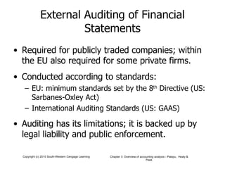 External Auditing of Financial Statements Required for publicly traded companies; within the EU also required for some private firms. Conducted according to standards: EU: minimum standards set by the 8 th  Directive (US: Sarbanes-Oxley Act) International Auditing Standards (US: GAAS) Auditing has its limitations; it is backed up by legal liability and public enforcement. 