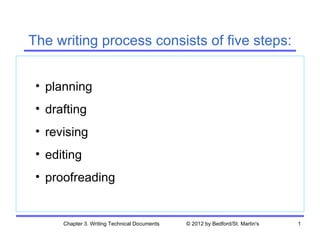 The writing process consists of five steps:


 • planning
 • drafting
 • revising
 • editing
 • proofreading


      Chapter 3. Writing Technical Documents   © 2012 by Bedford/St. Martin's   1
 