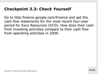 Copyright © 2011 Pearson Prentice Hall. All rights reserved.
3-111
Checkpoint 3.3: Check Yourself
Go to http:finance.googl...