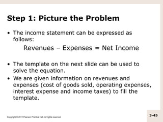 Copyright © 2011 Pearson Prentice Hall. All rights reserved.
3-45
Step 1: Picture the Problem
• The income statement can b...