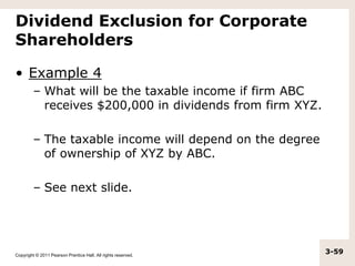 Copyright © 2011 Pearson Prentice Hall. All rights reserved.
3-59
Dividend Exclusion for Corporate
Shareholders
• Example ...