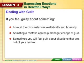 Dealing with Guilt 
If you feel guilty about something: 
Look at the circumstances realistically and honestly. 
Admitting a mistake can help manage feelings of guilt. 
Sometimes you will feel guilt about situations that are 
out of your control. 
 