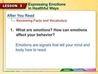 After You Read 
Reviewing Facts and Vocabulary 
1. What are emotions? How can emotions 
affect your behavior? 
Emotions are signals that tell your mind and 
body how to react. 
 