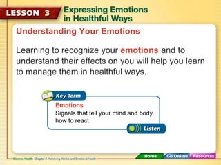 Understanding Your Emotions 
Learning to recognize your emotions and to 
understand their effects on you will help you learn 
to manage them in healthful ways. 
Emotions 
Signals that tell your mind and body 
how to react 
 