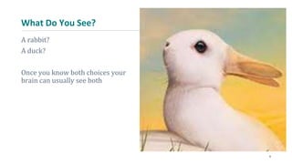 What Do You See?
6
A rabbit?
A duck?
Once you know both choices your
brain can usually see both
 