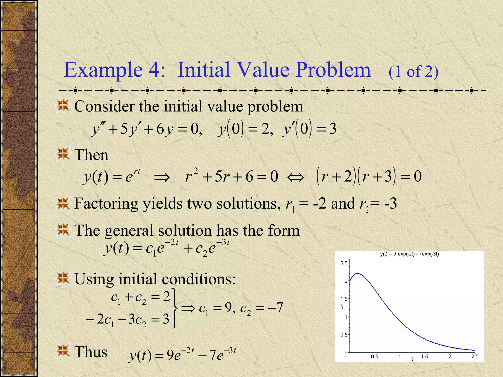 Example 4: Initial Value Problem (1 of 2)
Consider the initial value problem
Then
Factoring yields two solutions, r1 = -2 and r2= -3
The general solution has the form
Using initial conditions:
Thus
( ) ( ) 30,20,065 =′==+′+′′ yyyyy
( )( ) 032065)( 2
=++⇔=++⇒= rrrrety rt
tt
ececty 3
2
2
1)( −−
+=
7,9
332
2
21
21
21
−==⇒



=−−
=+
cc
cc
cc
tt
eety 32
79)( −−
−=
 