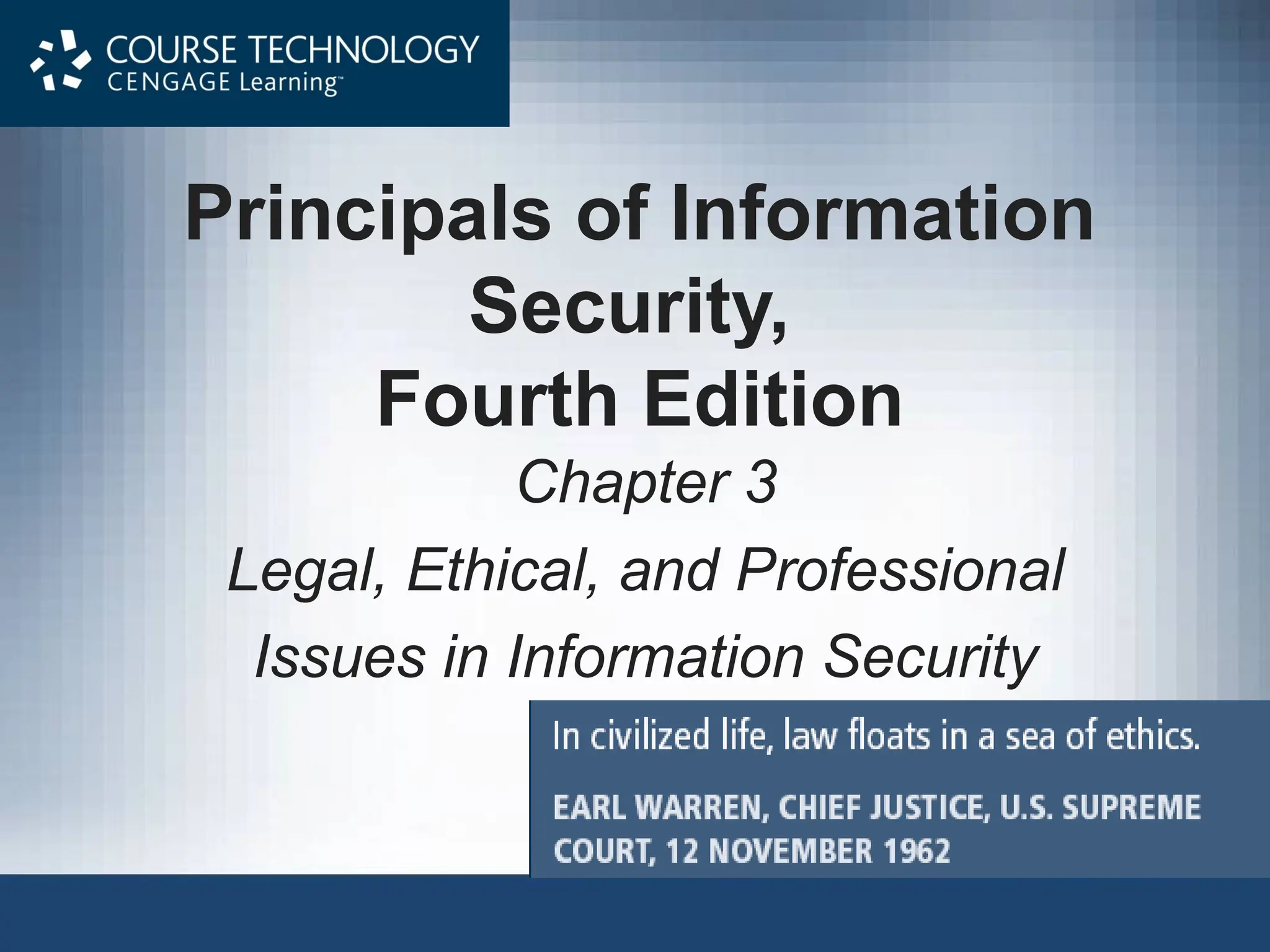 Principals of Information
Security,
Fourth Edition
Chapter 3
Legal, Ethical, and Professional
Issues in Information Security
 