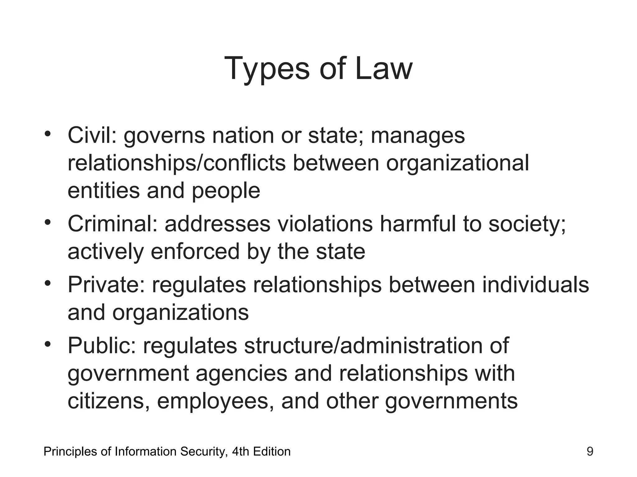 Types of Law
• Civil: governs nation or state; manages
relationships/conflicts between organizational
entities and people
• Criminal: addresses violations harmful to society;
actively enforced by the state
• Private: regulates relationships between individuals
and organizations
• Public: regulates structure/administration of
government agencies and relationships with
citizens, employees, and other governments
Principles of Information Security, 4th Edition 9
 