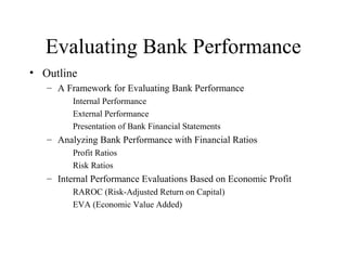 Evaluating Bank Performance
• Outline
   – A Framework for Evaluating Bank Performance
         Internal Performance
         External Performance
         Presentation of Bank Financial Statements
   – Analyzing Bank Performance with Financial Ratios
         Profit Ratios
         Risk Ratios
   – Internal Performance Evaluations Based on Economic Profit
         RAROC (Risk-Adjusted Return on Capital)
         EVA (Economic Value Added)
 