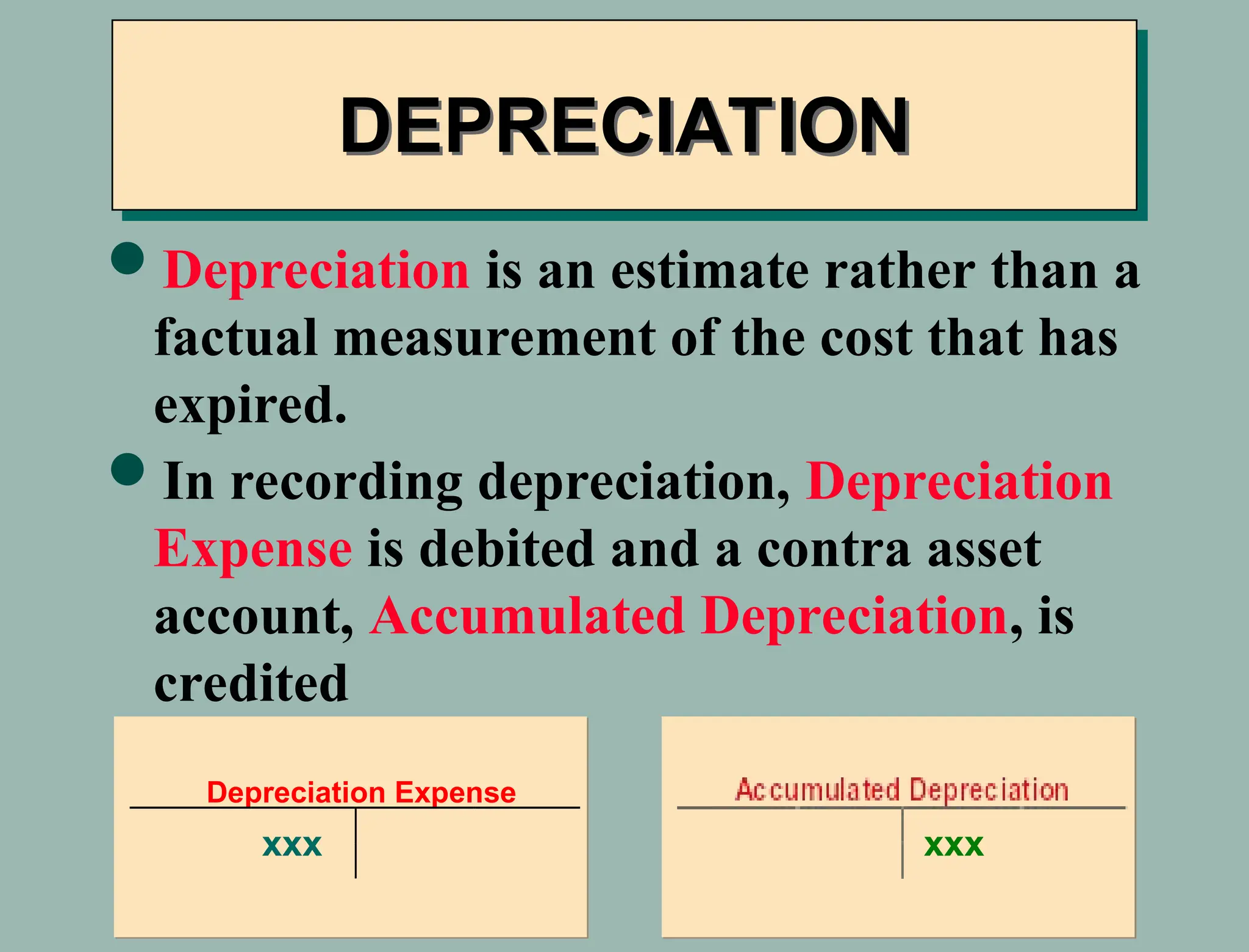 Depreciation Expense
Depreciation is an estimate rather than a
factual measurement of the cost that has
expired.
In recording depreciation, Depreciation
Expense is debited and a contra asset
account, Accumulated Depreciation, is
credited
DEPRECIATION
xxx
xxx
 