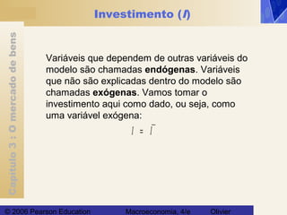 Capítulo3:Omercadodebens
© 2006 Pearson Education Macroeconomia, 4/e Olivier
Investimento (I)
Variáveis que dependem de outras variáveis do
modelo são chamadas endógenas. Variáveis
que não são explicadas dentro do modelo são
chamadas exógenas. Vamos tomar o
investimento aqui como dado, ou seja, como
uma variável exógena:
I I=
 