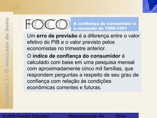Capítulo3:Omercadodebens
© 2006 Pearson Education Macroeconomia, 4/e Olivier
Um erro de previsão é a diferença entre o valor
efetivo do PIB e o valor previsto pelos
economistas no trimestre anterior.
O índice de confiança do consumidor é
calculado com base em uma pesquisa mensal
com aproximadamente cinco mil famílias, que
respondem perguntas a respeito de seu grau de
confiança com relação às condições
econômicas correntes e futuras.
A confiança do consumidor e
a recessão de 1990-1991
 