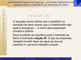 Capítulo3:Omercadodebens
© 2006 Pearson Education Macroeconomia, 4/e Olivier
Investimento igual à poupança: um modo alternativo de
pensar sobre o equilíbrio do mercado de bens
A equação acima afirma que o equilíbrio no
mercado de bens requer que o investimento seja
igual à poupança — a soma das poupanças
privada e pública.
Essa condição de equilíbrio para o mercado de
bens é chamada relação IS. O que as empresas
desejam investir deve ser igual ao que as
pessoas e o governo desejam poupar.
I S T G= + −( )
 