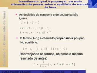Capítulo3:Omercadodebens
© 2006 Pearson Education Macroeconomia, 4/e Olivier
 As decisões de consumo e de poupança são
iguais.
S Y T C= − −
S Y T c c T T= − − − −0 1 ( )
S c c Y T= − + − −0 11( ) ( )
 O termo (1−c1) é chamado propensão a poupar.
No equilíbrio:No equilíbrio:
Y
c
c I G c T=
−
+ + −
1
1 1
0 1[ ]
I c c Y T T G= − + − − + −0 11( ) ( ) ( )
Rearranjando os termos, obtemos o mesmoRearranjando os termos, obtemos o mesmo
resultado de antesresultado de antes::
Investimento igual à poupança: um modo
alternativo de pensar sobre o equilíbrio do mercado
de bens
 