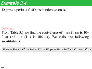 3.12
Express a period of 100 ms in microseconds.
Example 3.4
Solution
From Table 3.1 we find the equivalents of 1 ms (1 ms is 10–
3 s) and 1 s (1 s is 106 μs). We make the following
substitutions:
 