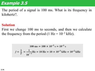 3.14
The period of a signal is 100 ms. What is its frequency in
kilohertz?.
Example 3.5
Solution
First we change 100 ms to seconds, and then we calculate
the frequency from the period (1 Hz = 10–3 kHz).
 