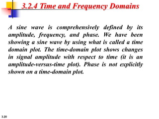 3.20
3.2.4 Time and Frequency Domains
A sine wave is comprehensively defined by its
amplitude, frequency, and phase. We have been
showing a sine wave by using what is called a time
domain plot. The time-domain plot shows changes
in signal amplitude with respect to time (it is an
amplitude-versus-time plot). Phase is not explicitly
shown on a time-domain plot.
 