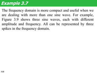 3.22
The frequency domain is more compact and useful when we
are dealing with more than one sine wave. For example,
Figure 3.9 shows three sine waves, each with different
amplitude and frequency. All can be represented by three
spikes in the frequency domain.
Example 3.7
 