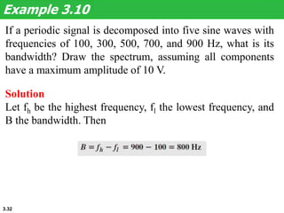 3.32
If a periodic signal is decomposed into five sine waves with
frequencies of 100, 300, 500, 700, and 900 Hz, what is its
bandwidth? Draw the spectrum, assuming all components
have a maximum amplitude of 10 V.
Example 3.10
Solution
Let fh be the highest frequency, fl the lowest frequency, and
B the bandwidth. Then
 