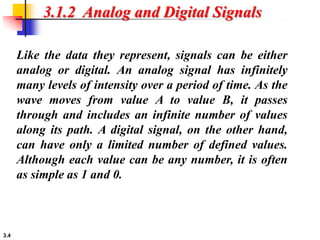 3.4
3.1.2 Analog and Digital Signals
Like the data they represent, signals can be either
analog or digital. An analog signal has infinitely
many levels of intensity over a period of time. As the
wave moves from value A to value B, it passes
through and includes an infinite number of values
along its path. A digital signal, on the other hand,
can have only a limited number of defined values.
Although each value can be any number, it is often
as simple as 1 and 0.
 