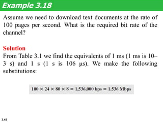 3.45
Assume we need to download text documents at the rate of
100 pages per second. What is the required bit rate of the
channel?
Example 3.18
Solution
From Table 3.1 we find the equivalents of 1 ms (1 ms is 10–
3 s) and 1 s (1 s is 106 μs). We make the following
substitutions:
 