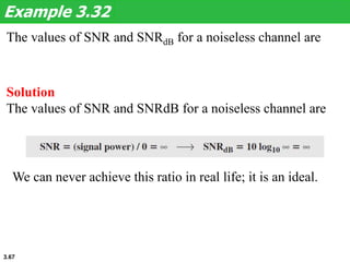 3.67
The values of SNR and SNRdB for a noiseless channel are
Example 3.32
Solution
The values of SNR and SNRdB for a noiseless channel are
We can never achieve this ratio in real life; it is an ideal.
 