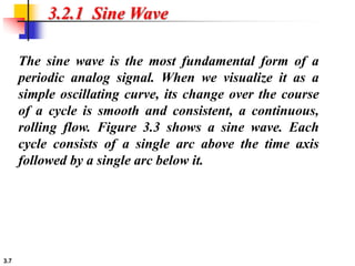 3.7
3.2.1 Sine Wave
The sine wave is the most fundamental form of a
periodic analog signal. When we visualize it as a
simple oscillating curve, its change over the course
of a cycle is smooth and consistent, a continuous,
rolling flow. Figure 3.3 shows a sine wave. Each
cycle consists of a single arc above the time axis
followed by a single arc below it.
 