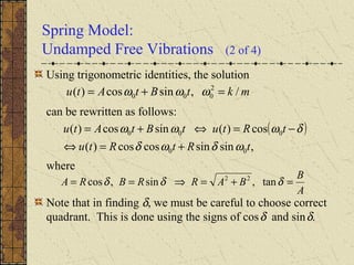 Spring Model:
Undamped Free Vibrations (2 of 4)
Using trigonometric identities, the solution
can be rewritten as follows:
where
Note that in finding δ, we must be careful to choose correct
quadrant. This is done using the signs of cosδ and sinδ.
mktBtAtu /,sincos)( 2
000 =+= ωωω
( )
,sinsincoscos)(
cos)(sincos)(
00
000
tRtRtu
tRtutBtAtu
ωδωδ
δωωω
+=⇔
−=⇔+=
A
B
BARRBRA =+=⇒== δδδ tan,sin,cos 22
 