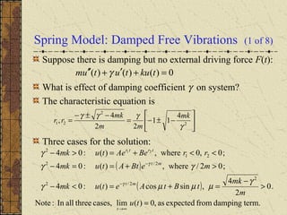 Spring Model: Damped Free Vibrations (1 of 8)
Suppose there is damping but no external driving force F(t):
What is effect of damping coefficient γ on system?
The characteristic equation is
Three cases for the solution:
0)()()( =+′+′′ tkututum γ






−±−=
−±−
= 2
2
21
4
11
22
4
,
γ
γγγ mk
mm
mk
rr
( )
( )
term.dampingfromexpectedas,0)(limcases,threeallIn:Note
.0
2
4
,sincos)(:04
;02/where,)(:04
;0,0where,)(:04
2
2/2
2/2
21
2 21
=
>
−
=+=<−
>+==−
<<+=>−
∞→
−
−
tu
m
mk
tBtAetumk
meBtAtumk
rrBeAetumk
t
mt
mt
trtr
γ
µµµγ
γγ
γ
γ
γ
 