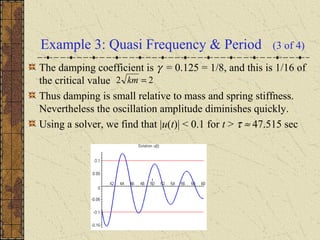 Example 3: Quasi Frequency & Period (3 of 4)
The damping coefficient is γ = 0.125 = 1/8, and this is 1/16 of
the critical value
Thus damping is small relative to mass and spring stiffness.
Nevertheless the oscillation amplitude diminishes quickly.
Using a solver, we find that |u(t)| < 0.1 for t > τ ≈ 47.515 sec
22 =km
 