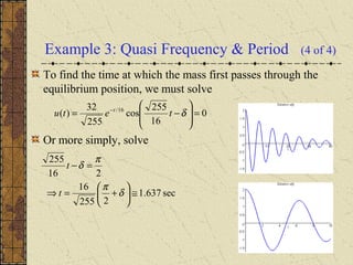 Example 3: Quasi Frequency & Period (4 of 4)
To find the time at which the mass first passes through the
equilibrium position, we must solve
Or more simply, solve
0
16
255
cos
255
32
)( 16/
=







−= −
δtetu t
sec637.1
2255
16
216
255
≅





+=⇒
=−
δ
π
π
δ
t
t
 