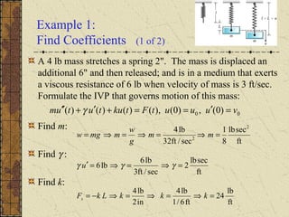 Example 1:
Find Coefficients (1 of 2)
A 4 lb mass stretches a spring 2". The mass is displaced an
additional 6" and then released; and is in a medium that exerts
a viscous resistance of 6 lb when velocity of mass is 3 ft/sec.
Formulate the IVP that governs motion of this mass:
Find m:
Find γ :
Find k:
ft
seclb
8
1
sec/ft32
lb4 2
2
=⇒=⇒=⇒= mm
g
w
mmgw
ft
seclb
2
sec/ft3
lb6
lb6 =⇒=⇒=′ γγγ u
ft
lb
24
ft6/1
lb4
in2
lb4
=⇒=⇒=⇒−= kkkLkFs
00 )0(,)0(),()()()( vuuutFtkututum =′==+′+′′ γ
 