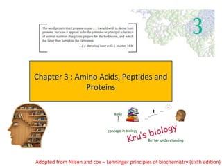 Adopted from Nilsen and cox – Lehninger principles of biochemistry (sixth edition)
Chapter 3 : Amino Acids, Peptides and
Proteins
 