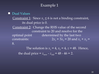 20
Example 1
 Dual Values
Constraint 1: Since x1 < 6 is not a binding constraint,
its dual price is 0.
Constraint 2: Change the RHS value of the second
constraint to 20 and resolve for the
optimal point determined by the last two
constraints: 2x1 + 3x2 = 20 and x1 + x2 =
8.
The solution is x1 = 4, x2 = 4, z = 48. Hence,
the dual price = znew - zold = 48 - 46 = 2.
 