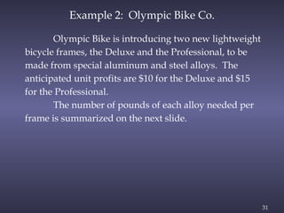 31
Olympic Bike is introducing two new lightweight
bicycle frames, the Deluxe and the Professional, to be
made from special aluminum and steel alloys. The
anticipated unit profits are $10 for the Deluxe and $15
for the Professional.
The number of pounds of each alloy needed per
frame is summarized on the next slide.
Example 2: Olympic Bike Co.
 