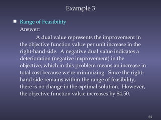 64
Example 3
 Range of Feasibility
Answer:
A dual value represents the improvement in
the objective function value per unit increase in the
right-hand side. A negative dual value indicates a
deterioration (negative improvement) in the
objective, which in this problem means an increase in
total cost because we're minimizing. Since the right-
hand side remains within the range of feasibility,
there is no change in the optimal solution. However,
the objective function value increases by $4.50.
 