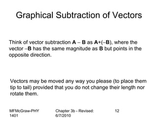 MFMcGraw-PHY
1401
Chapter 3b - Revised:
6/7/2010
12
Think of vector subtraction A − B as A+(−B), where the
vector −B has the same magnitude as B but points in the
opposite direction.
Graphical Subtraction of Vectors
Vectors may be moved any way you please (to place them
tip to tail) provided that you do not change their length nor
rotate them.
 